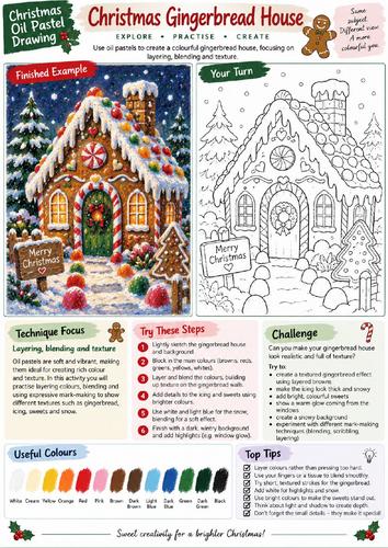 Christmas Gingerbread House Oil Pastel Drawing Worksheet | Festive Art | KS3 KS4