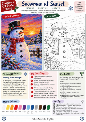 Snowman at Sunset Oil Pastel Drawing Worksheet | Colour Blending Art | KS3 KS4