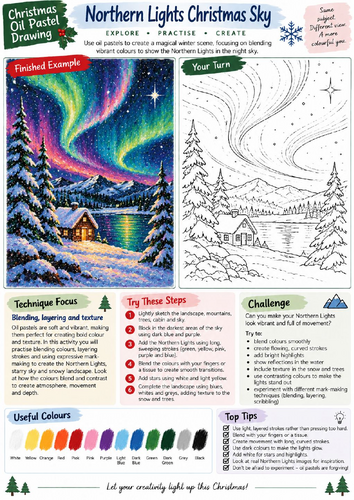 Northern Lights Oil Pastel Drawing Worksheet | Christmas Winter Landscape | KS3 KS4