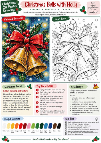 Christmas Bells and Holly Oil Pastel Drawing Worksheet | Festive Art | KS3 KS4