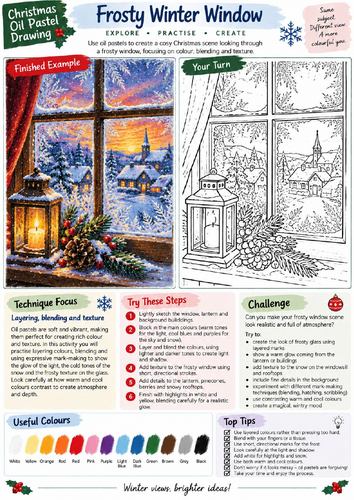 Frosty Winter Window Oil Pastel Drawing Worksheet | Christmas Landscape Art | KS3 KS4
