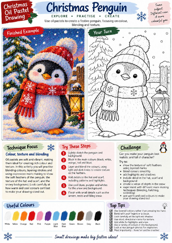 Christmas Penguin Oil Pastel Drawing Worksheet | Festive Animal Art | KS3 KS4