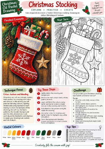 Christmas Stocking Oil Pastel Drawing Worksheet | Festive Texture Art | KS3 KS4