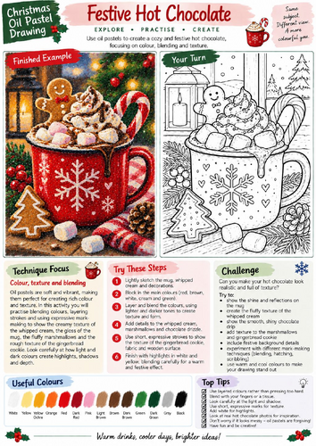 Christmas Hot Chocolate Oil Pastel Drawing Worksheet | Festive Food Art | KS3 KS4