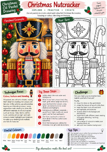 Christmas Nutcracker Oil Pastel Drawing Worksheet | Festive Character Art | KS3 KS4