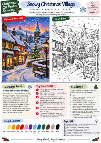 Snowy Christmas Village Oil Pastel Drawing Worksheet | Winter Landscape | KS3 KS4