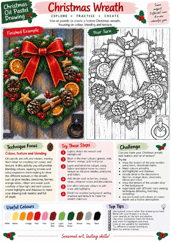 Christmas Wreath Oil Pastel Drawing Worksheet | Festive Botanical Art | KS3 KS4