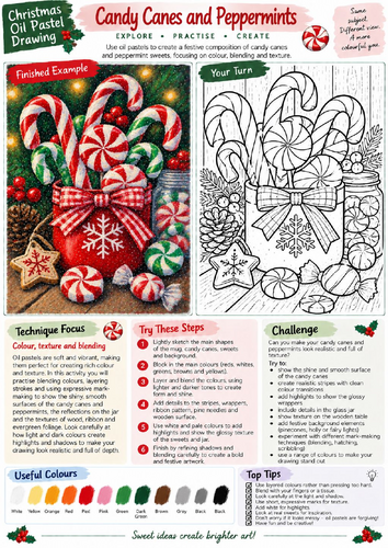 Christmas Candy Canes Oil Pastel Drawing Worksheet | Festive Food Art | KS3 KS4