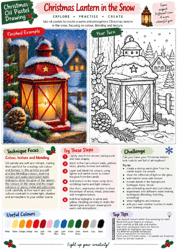 Christmas Lantern Oil Pastel Drawing Worksheet | Light and Shadow Art | KS3 KS4