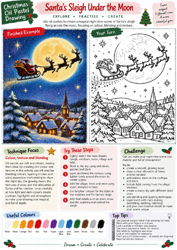 Santa's Sleigh Oil Pastel Drawing Worksheet | Christmas Night Sky Art | KS3 KS4