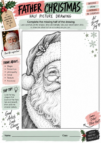 Father Christmas Half Picture Drawing Worksheet | KS3 KS4 Art | Santa Observational Drawing