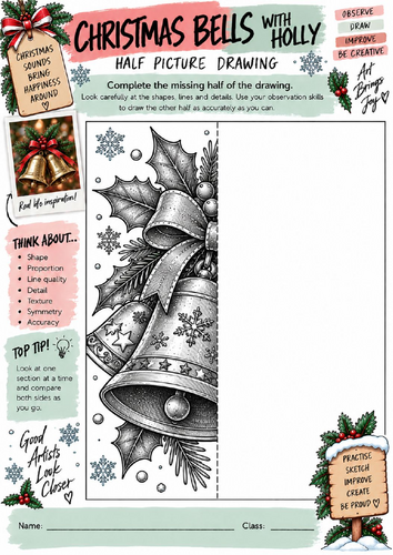 Christmas Bells with Holly Half Picture Drawing Worksheet | KS3 KS4 Art | Festive Drawing