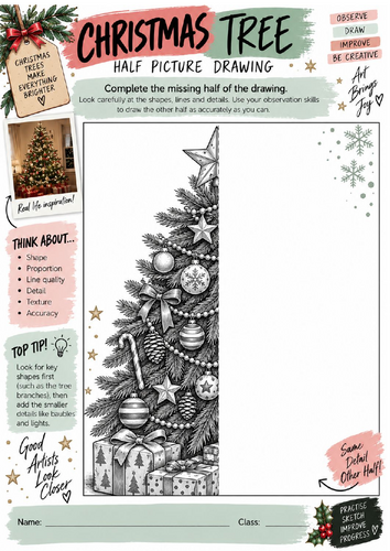 Christmas Tree Half Picture Drawing Worksheet | KS3 KS4 Art | Festive Observational Drawing