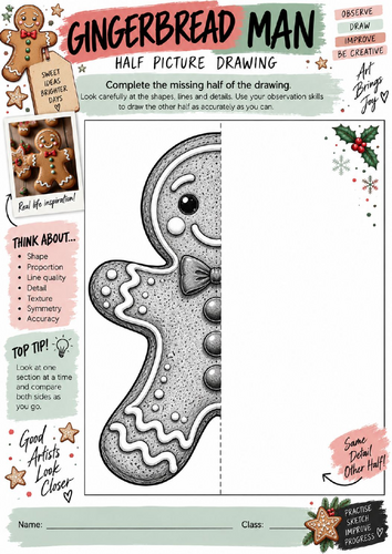 Gingerbread Man Half Picture Drawing Worksheet | KS3 KS4 Art | Christmas Drawing Activity