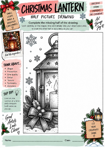 Christmas Lantern Half Picture Drawing Worksheet | KS3 KS4 Art | Festive Pencil Drawing