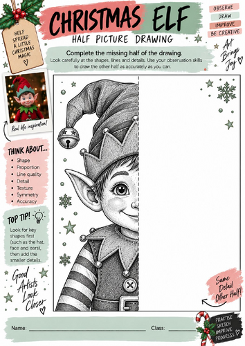 Christmas Elf Half Picture Drawing Worksheet | KS3 KS4 Art | Festive Character Drawing