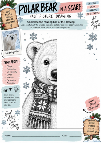Polar Bear Half Picture Drawing Worksheet | KS3 KS4 Art | Christmas Wildlife Drawing