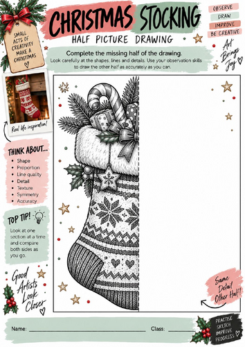 Christmas Stocking Half Picture Drawing Worksheet | KS3 KS4 Art | Festive Drawing Activity