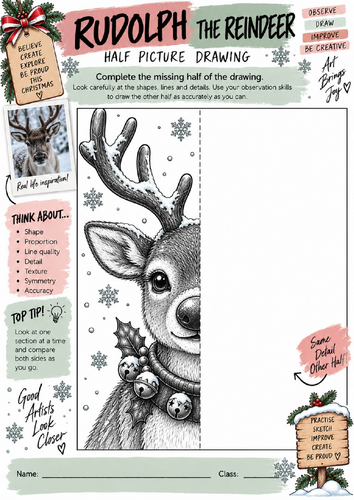 Rudolph Reindeer Half Picture Drawing Worksheet | KS3 KS4 Art | Christmas Animal Drawing