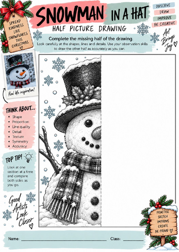 Christmas Snowman Half Picture Drawing Worksheet | KS3 KS4 Art | Winter Drawing Activity