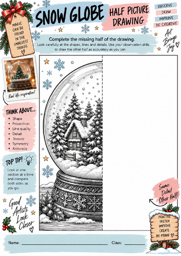 Christmas Snow Globe Half Picture Drawing Worksheet | KS3 KS4 Art | Festive Detailed Drawing