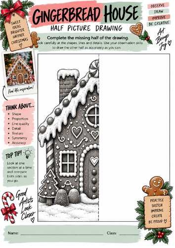 Gingerbread House Half Picture Drawing Worksheet | KS3 KS4 Art | Christmas Architecture Drawing