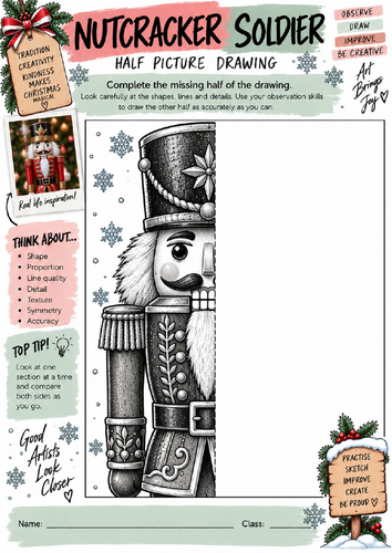 Christmas Nutcracker Soldier Half Picture Drawing Worksheet | KS3 KS4 Art | Festive Drawing
