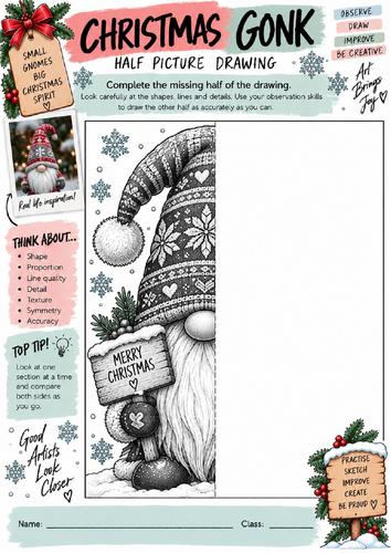 Christmas Gonk Half Picture Drawing Worksheet | KS3 KS4 Art | Festive Character Drawing