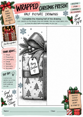 Wrapped Christmas Present Half Picture Drawing Worksheet | KS3 KS4 Art | Festive Drawing