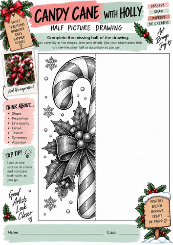 Christmas Candy Cane Half Picture Drawing Worksheet | KS3 KS4 Art | Festive Observational Drawing