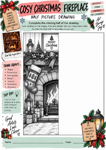 Cosy Christmas Fireplace Half Picture Drawing Worksheet | KS3 KS4 Art | Festive Interior Drawing