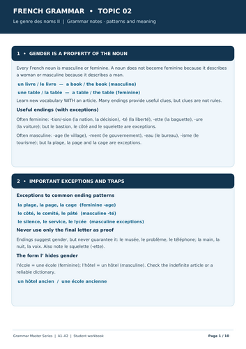 French Grammar Workbook: Gender of Nouns II | 160 Questions | KS3, GCSE, IGCSE & MYP