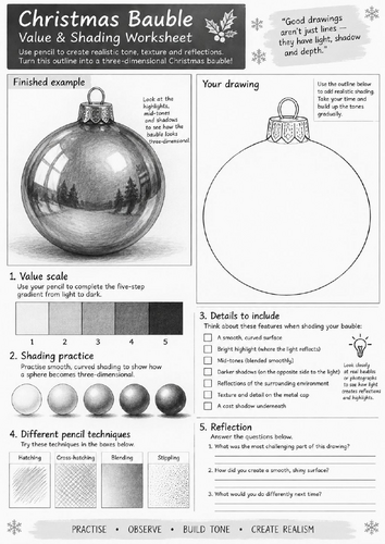 Christmas Bauble Value & Shading Worksheet | Pencil Drawing & Tonal Art | KS3 KS4