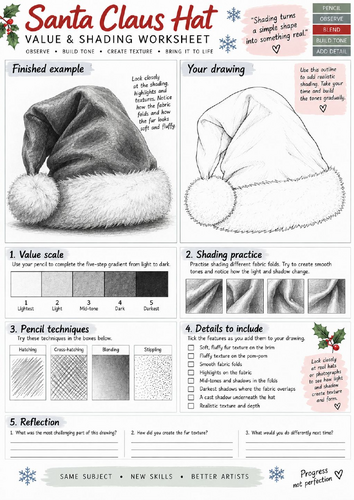 Santa Hat Value & Shading Worksheet | Christmas Pencil Drawing & Texture | KS3 KS4 Art