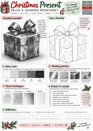 Christmas Present Value & Shading Worksheet | Pencil Drawing & Tonal Art | KS3 KS4
