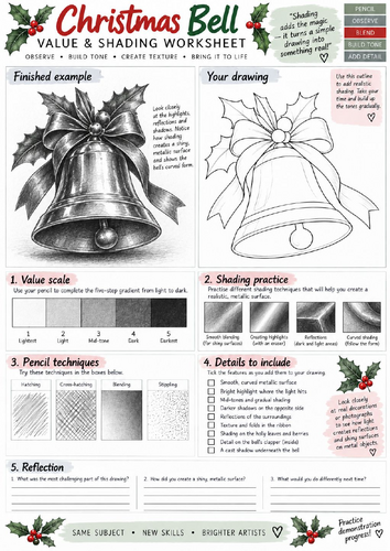 Christmas Bell Value & Shading Worksheet | Metallic Pencil Drawing & Tone | KS3 KS4 Art