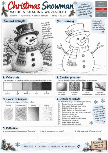 Christmas Snowman Value & Shading Worksheet | Winter Pencil Drawing | KS3 KS4 Art