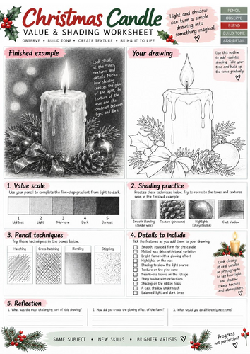Christmas Candle Value & Shading Worksheet | Light & Shadow Pencil Drawing | KS3 KS4