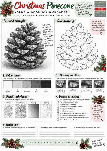 Christmas Pinecone Value & Shading Worksheet | Nature Pencil Drawing & Texture | KS3 KS4