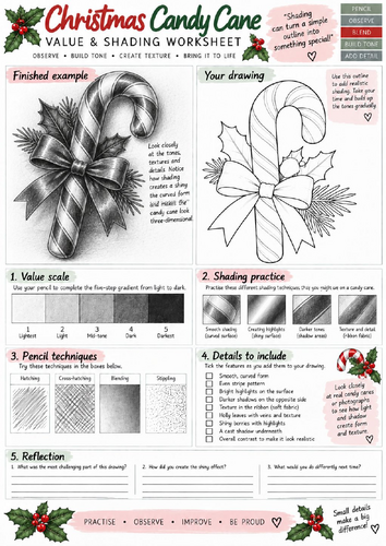 Christmas Candy Cane Value & Shading Worksheet | Festive Pencil Drawing | KS3 KS4 Art
