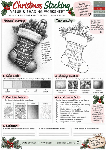 Christmas Stocking Value & Shading Worksheet | Pencil Drawing & Fabric Texture | KS3 KS4