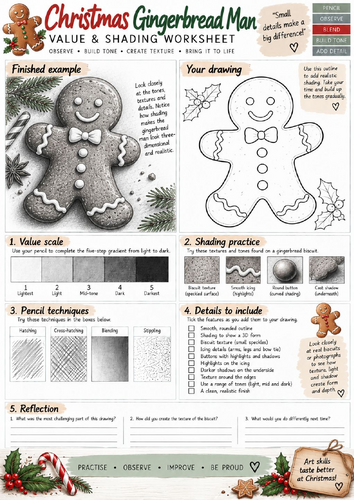 Christmas Gingerbread Man Value & Shading Worksheet | Pencil Drawing | KS3 KS4 Art