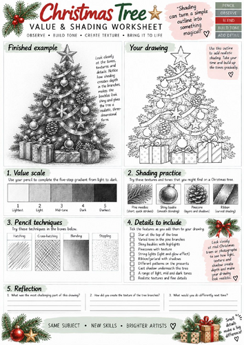 Christmas Tree Value & Shading Worksheet | Pencil Drawing & Texture Art | KS3 KS4