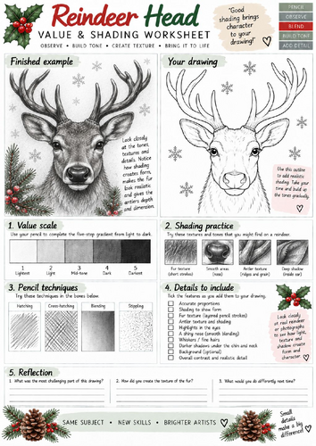 Christmas Reindeer Value & Shading Worksheet | Animal Pencil Drawing & Fur Texture | KS3 KS4