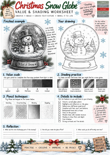 Christmas Snow Globe Value & Shading Worksheet | Pencil Drawing & Tonal Art | KS3 KS4