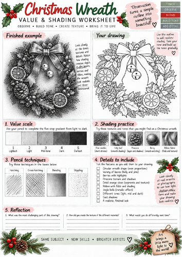 Christmas Wreath Value & Shading Worksheet | Pencil Drawing & Texture Art | KS3 KS4
