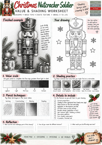 Christmas Nutcracker Value & Shading Worksheet | Pencil Drawing & Tonal Art | KS3 KS4
