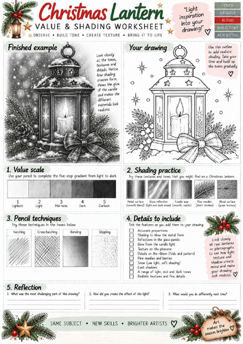Christmas Lantern Value & Shading Worksheet | Light & Shadow Pencil Drawing | KS3 KS4