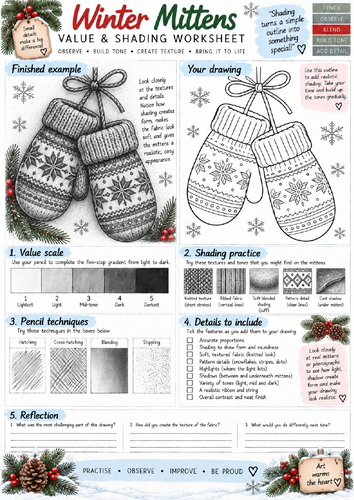 Winter Mittens Value & Shading Worksheet | Pencil Drawing & Fabric Texture | KS3 KS4 Art
