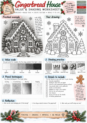 Christmas Gingerbread House Value & Shading Worksheet | Pencil Drawing | KS3 KS4 Art